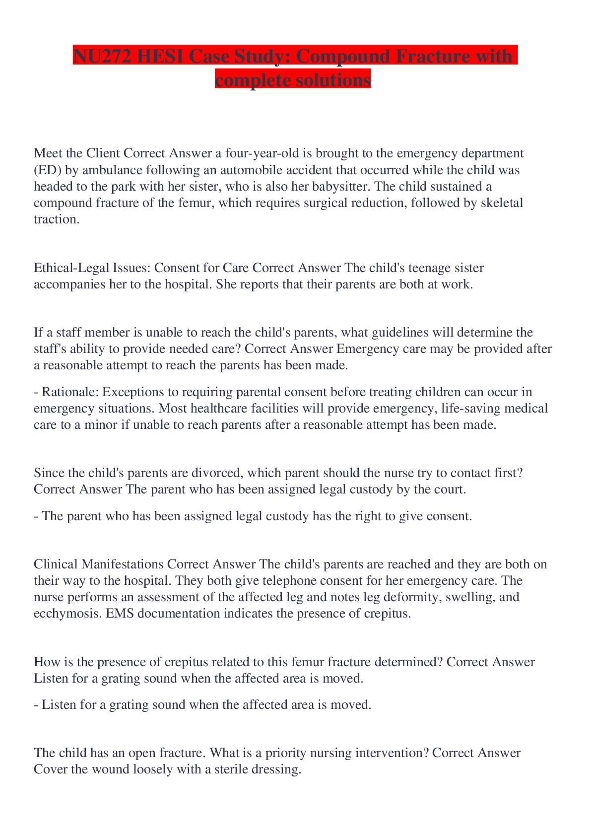 NU272 HESI Case Study Compound Fracture with complete solutions